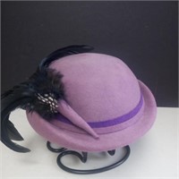 Vtg Purple Felt Bowler Hat Black Feathers