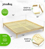 King Natural Pine Wood Platform Bed 76x80