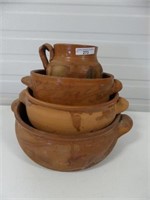 4 REDWARE BOWLS AND VASE