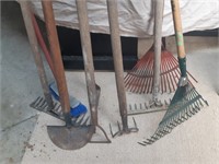 Lot of Rakes and Hoes Gardening Tools