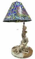 LION MARBLE BASE WITH STAINED GLASS SHADE LAMP