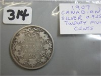 1907 Silver Canadian Twenty Five Cents