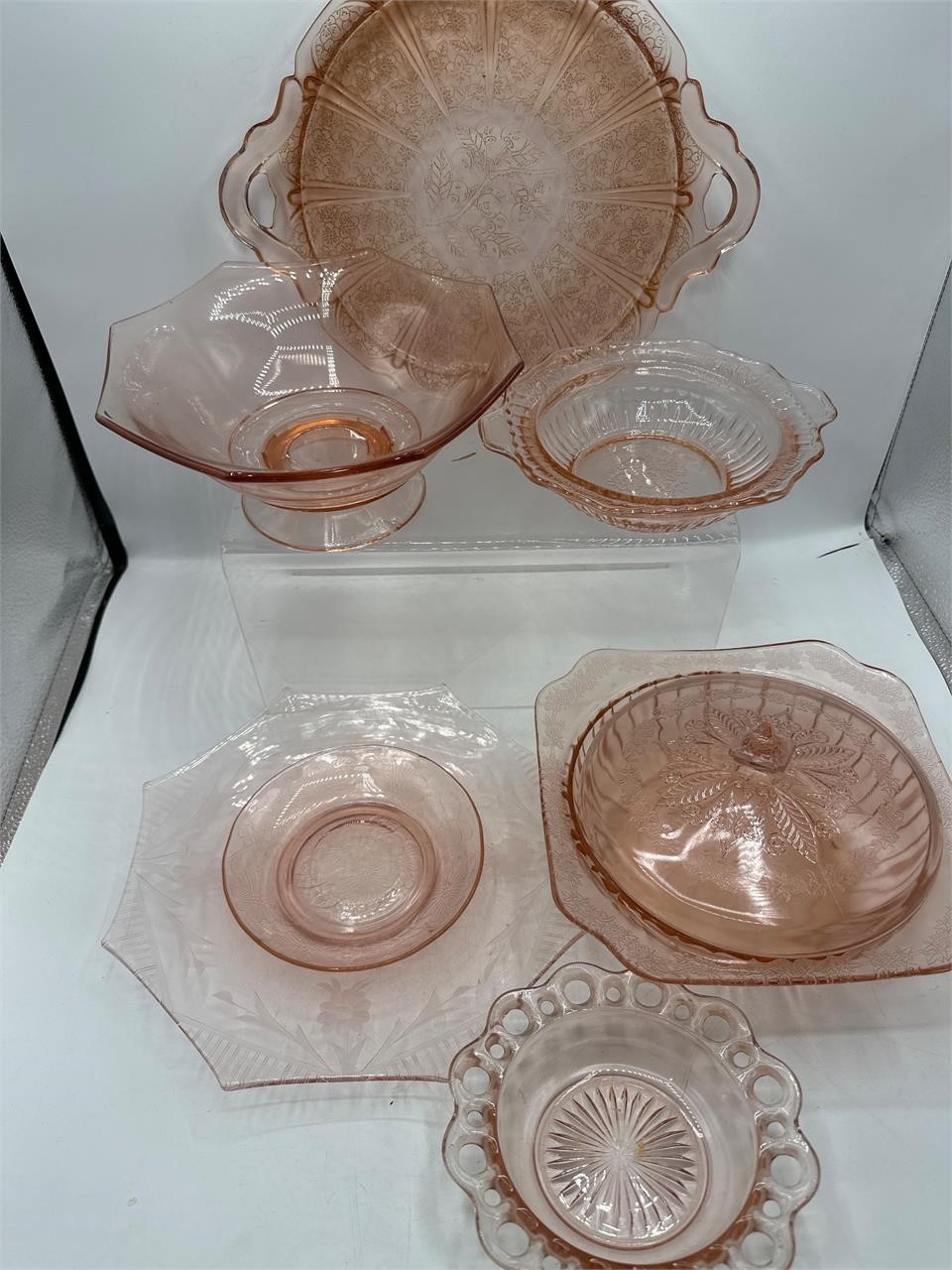 Pink depression glass plates & more