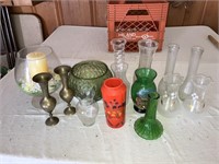 Green Glass Vases/Bowl/Brass Hand Carved Vases