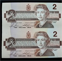 Série 2 billets 2 DOLLARS canadiens 1986 non coupé