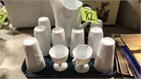 White glass pitcher and cups