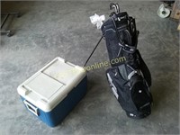 Sun Mountain golf bag, clubs, cooler