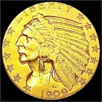 1909-D $5 Gold Half Eagle CLOSELY UNCIRCULATED