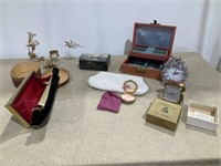 Jewelry boxes, purses, alarm clocks, candle