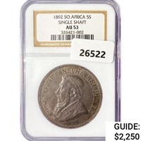 1892 S. Af. 5S 28.3g Silver NGC AU53 Single Shaft