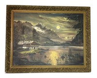 Vintage Framed German Mountain Landscape Painting