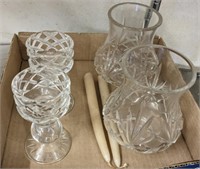 PRESSED GLASS CANDLE HOLDERS WITH GLOBES
