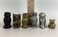 Owls, cast iron, pewter, brass - set of 6