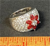 PRETTY .925 SILVER RING W RED COLORED STONES