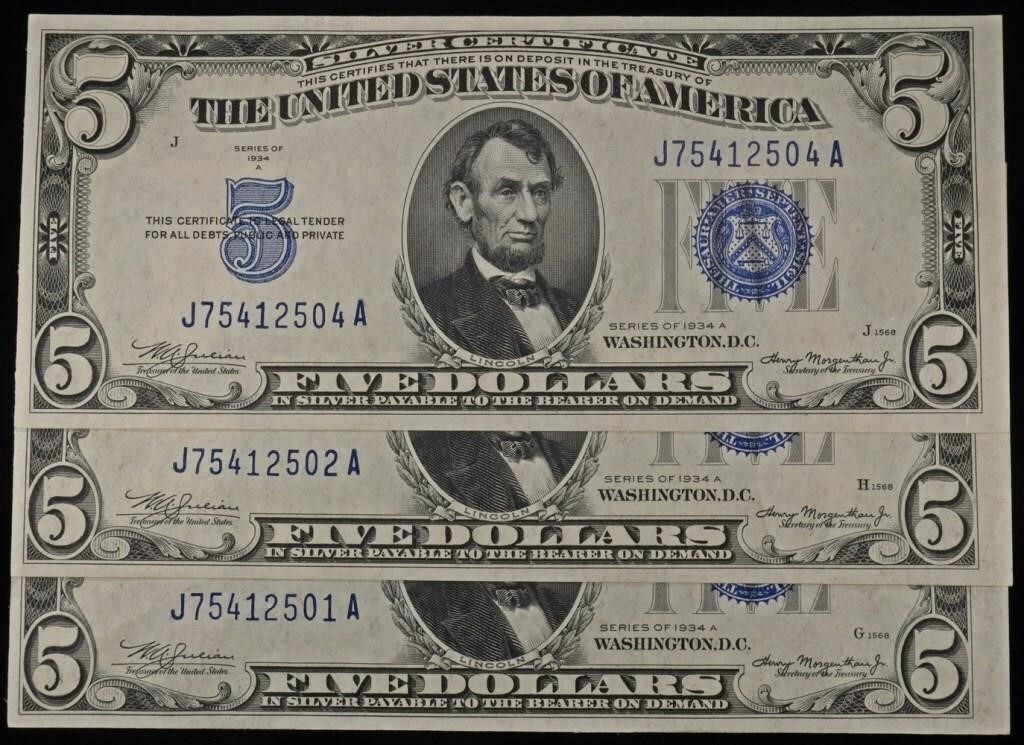 (3) 1934A $5 SILVER CERTIFICATES FR. 1651