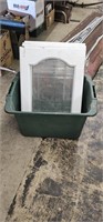 Tote, 4 small window cabinet doors, wire basket,