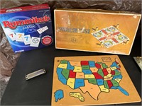 Vintage wooden puzzle, games & harmonica