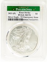 Coin 2021-P Silver Eagle PCGS-MS70 T1 1st Strike