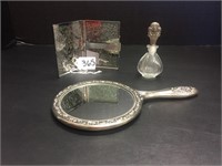 HAND MIRROR, CIGARETTE CASE AND PERFUME BOTTLE