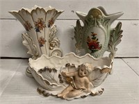 2 Rococo Porcelain Vases  and Cherub Planter