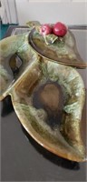 Vintage divided leaf dish, w/lid. Beautiful glazed