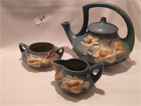 Roseville Blue Magnolia Teapot, Creamer & Sugar