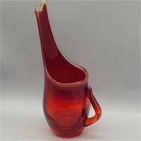 RED AMBERINA PULLED GLASS APPLIED HANDLE PITCHER