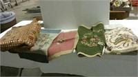 4 needlepoint pieces and decorative throw