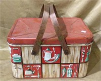 Vintage tin picnic basket with wooden handles