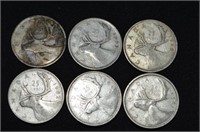 6 Pcs CAD Silver .25c 1940/41/43/52/61/64