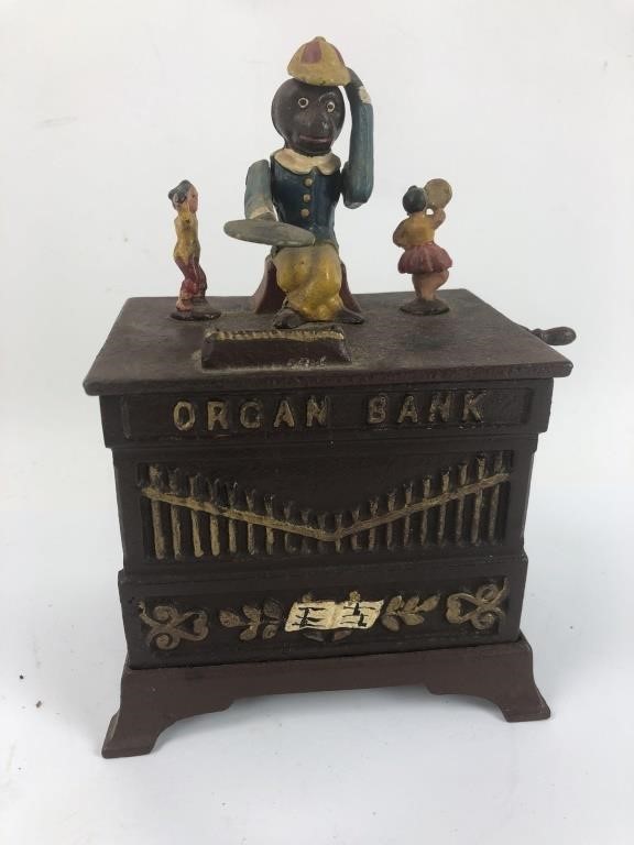 Antique Cast Iron Organ Bank w Monkey