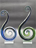 Blue & Green Blown Art Glass Spiral Sculptures