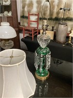 Green bohemian glass lamp with prisms