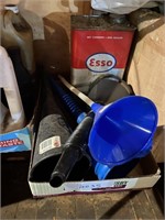 Vintage Esso oilcan & 4 funnels
