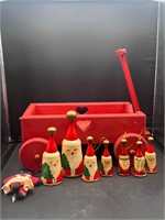 Wooden Santa bells vintage w small toy wagon