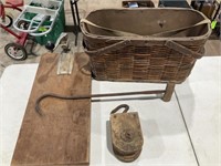 Wicker basket, meat hook, pulley, large can