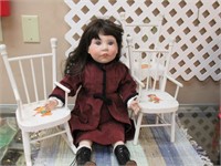 Vintage Porciline Doll with 3 Chairs - 1 Damaged