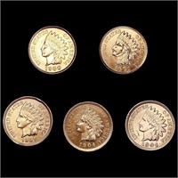 (5) RED Indian Head Cents (1900, 1901, (2) 1904,