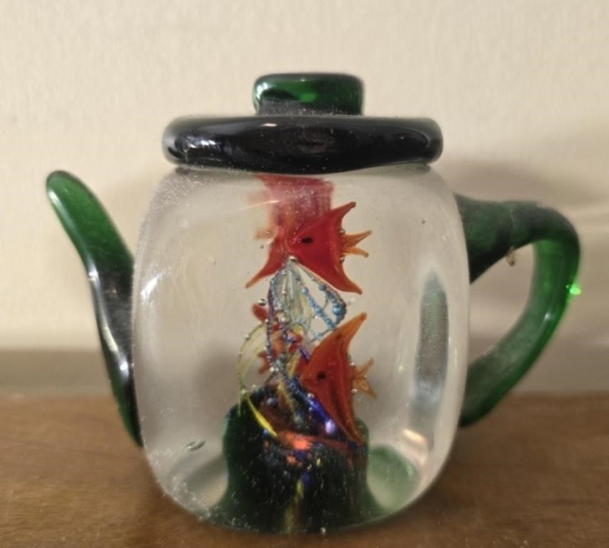 Vintage glass pitcher and fish paper weight