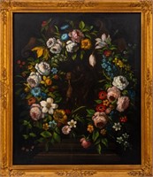 Baroque Style Floral Wreath & Cupid Oil on Canvas