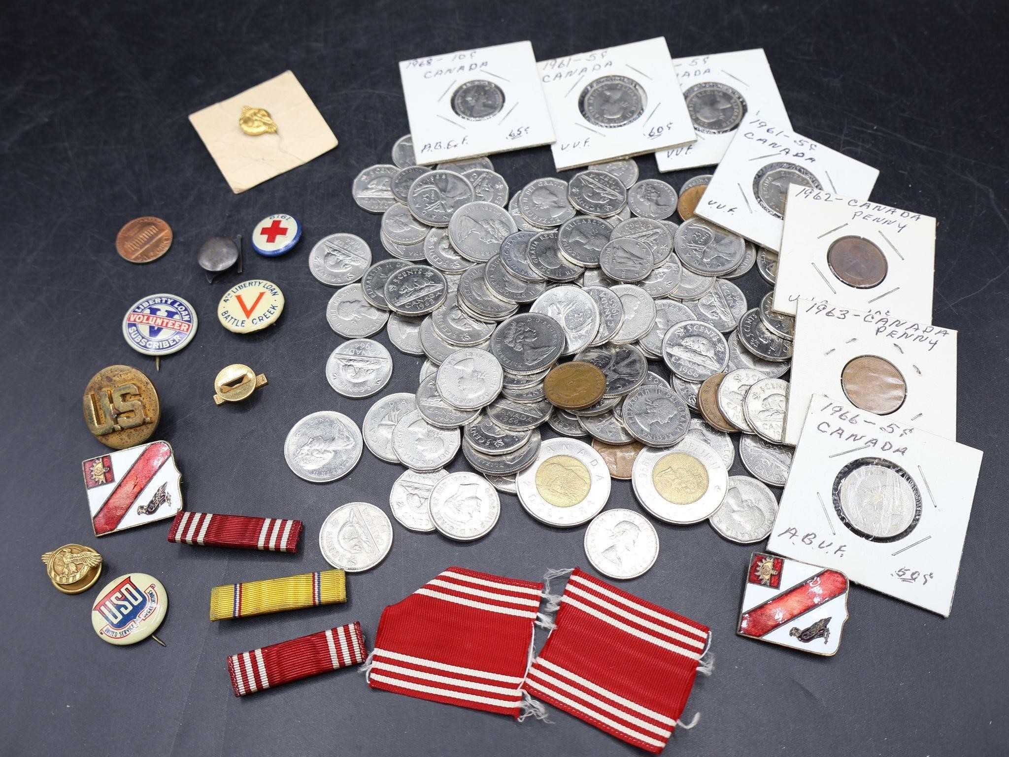117 Vtg. American Military Pins & Canadian Coins+