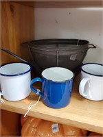 3 Agate Cups,Tin Pan & Vtg. Strainer