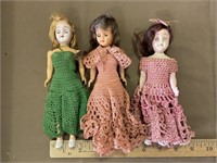 Vintage blinking eye dolls in crocheted dresses