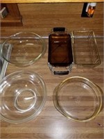 LOT OF PYREX -- LOAF PANS, RACK  AND LARGE GLASS B