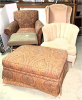 Three Upholstered Chairs & Two Ottomans
