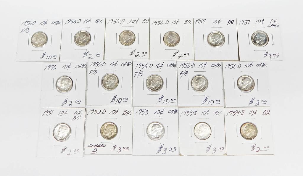 16 UNCIRCULATED ROOSEVELT DIMES from the 1950's