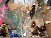 2 boxes antique bottles - some adv