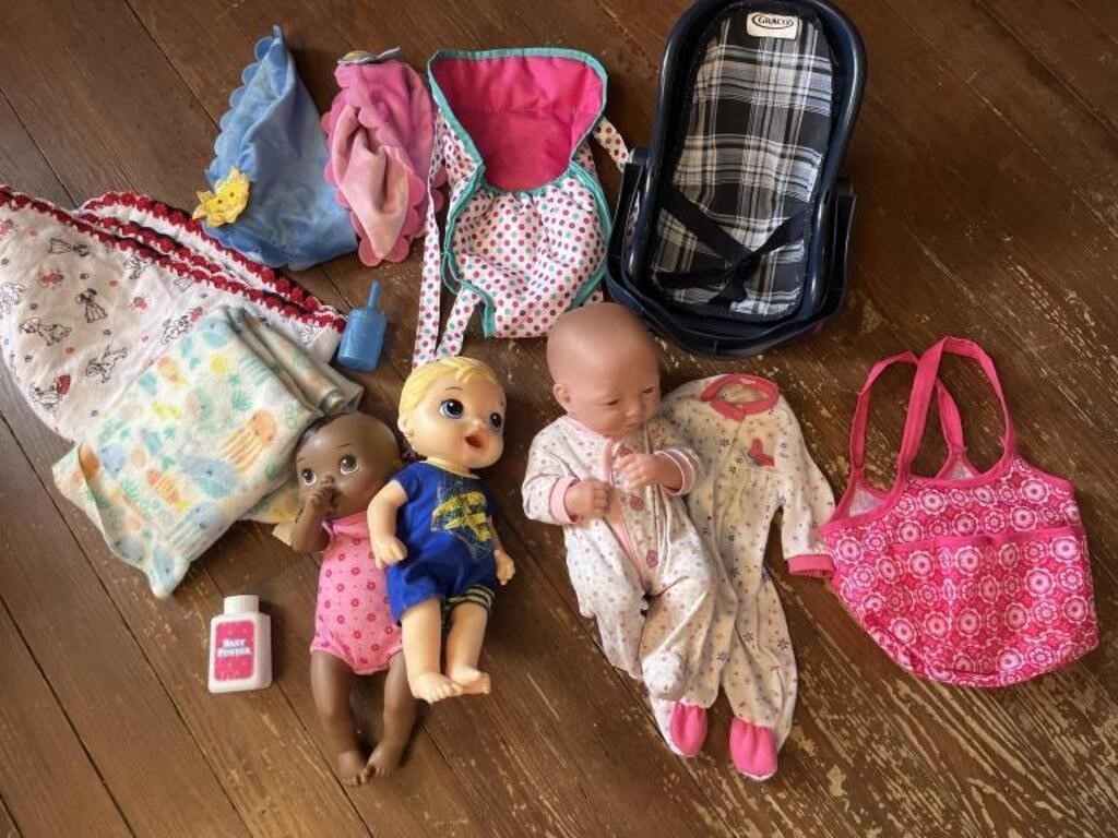 3 babies, car seat, carrier,  diaper bags and