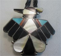 Zuni SS Multi Stone Inlay Thunderbird Bolo -Tested