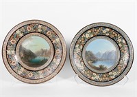 2 Glazed Redware Enameled Landscape Scene Chargers